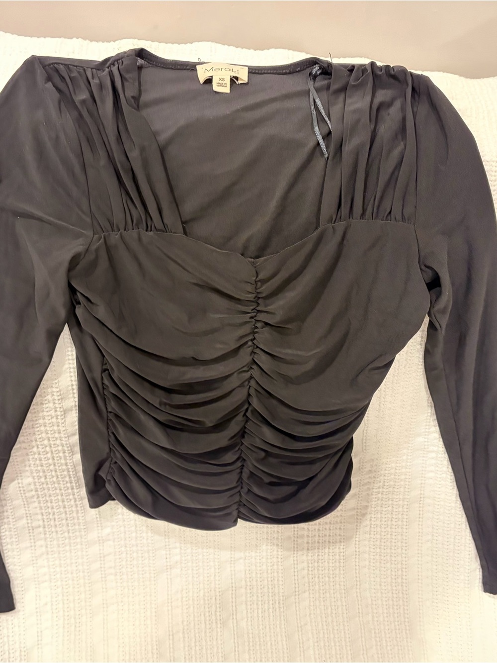 meraki Black Ruched Long-Sleeve Sweetheart Top